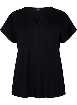 T-shirt med v-ringning och bröstficka, Black, Packshot image number 0