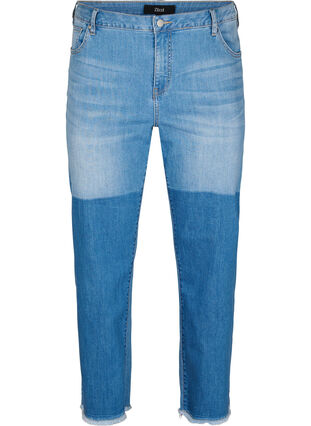 Croppade jeans med kontrast, Blue denim, Packshot image number 0