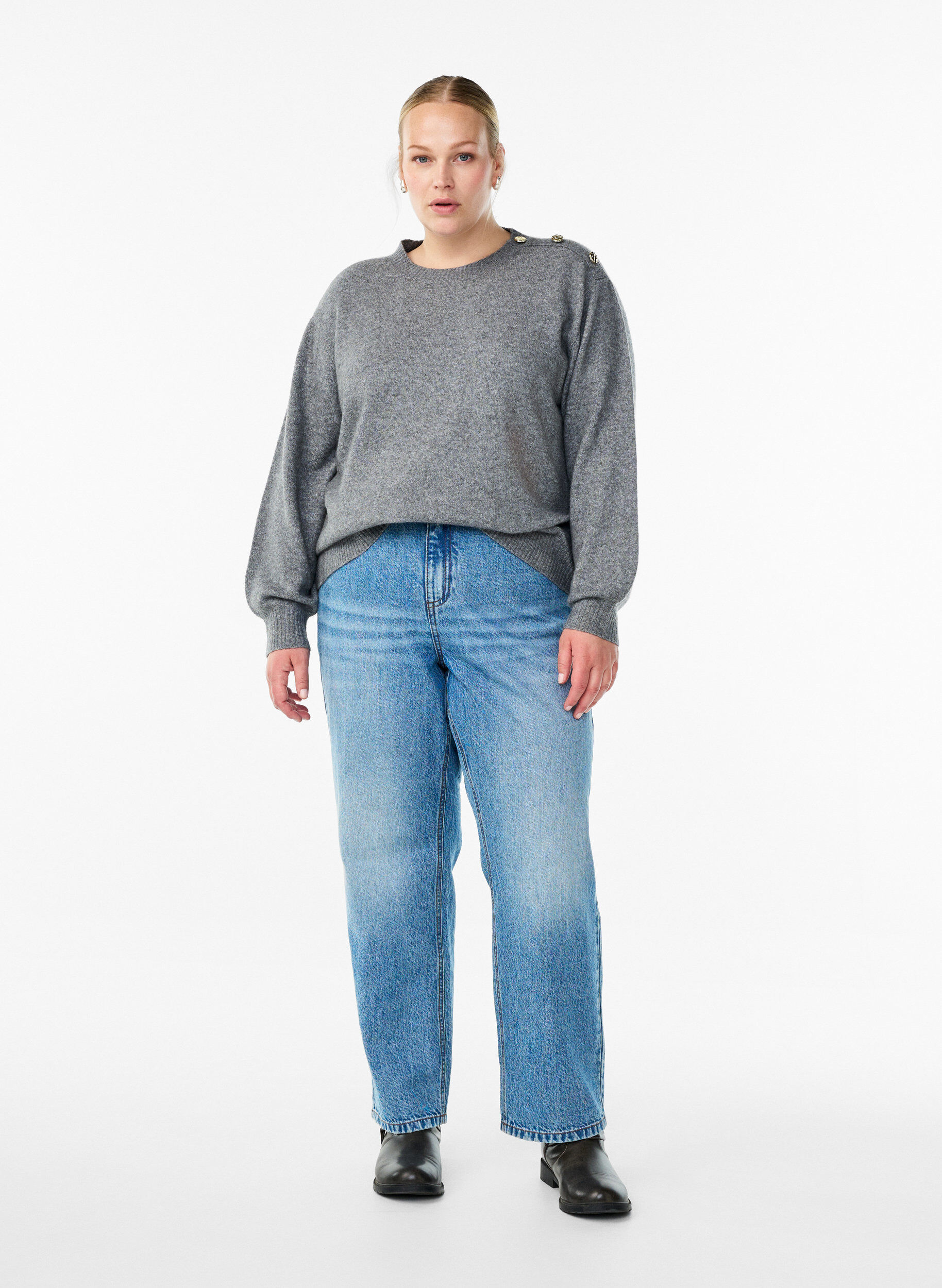 Zizzi Stickad blus med knappdetalj, Gr&aring;, Model image number 1