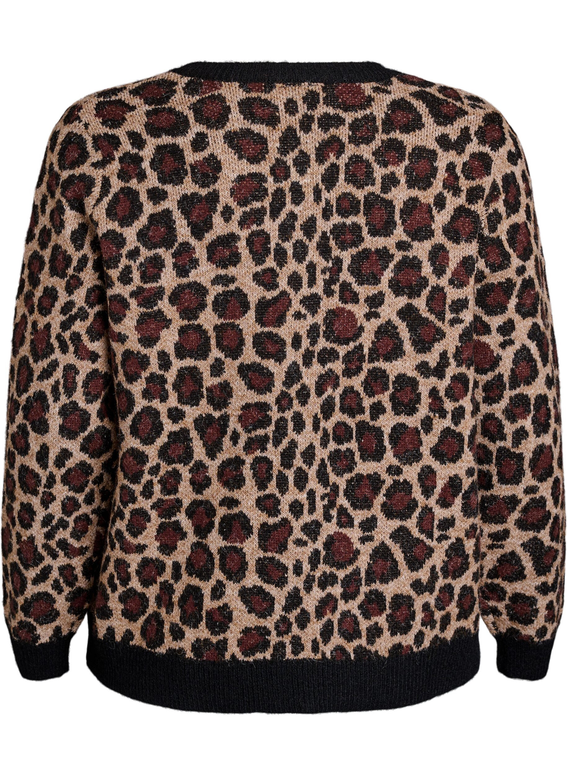 Zizzi Cardigan med leopardm&ouml;nster och kontrastkant, Svart, Packshot image number 1