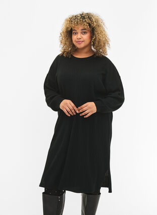 Överdimensionerad stickad klänning med slits, Black, Model image number 2