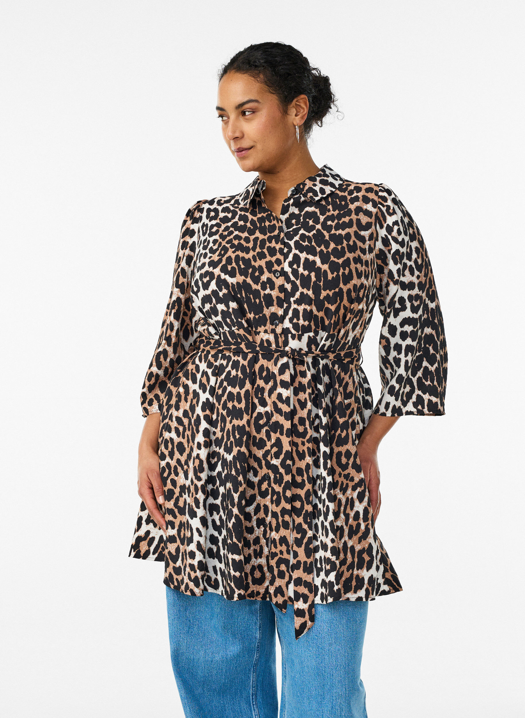 M&ouml;nstrad tunika med knytsk&auml;rp och 3/4-&auml;rmar, Brun, Model