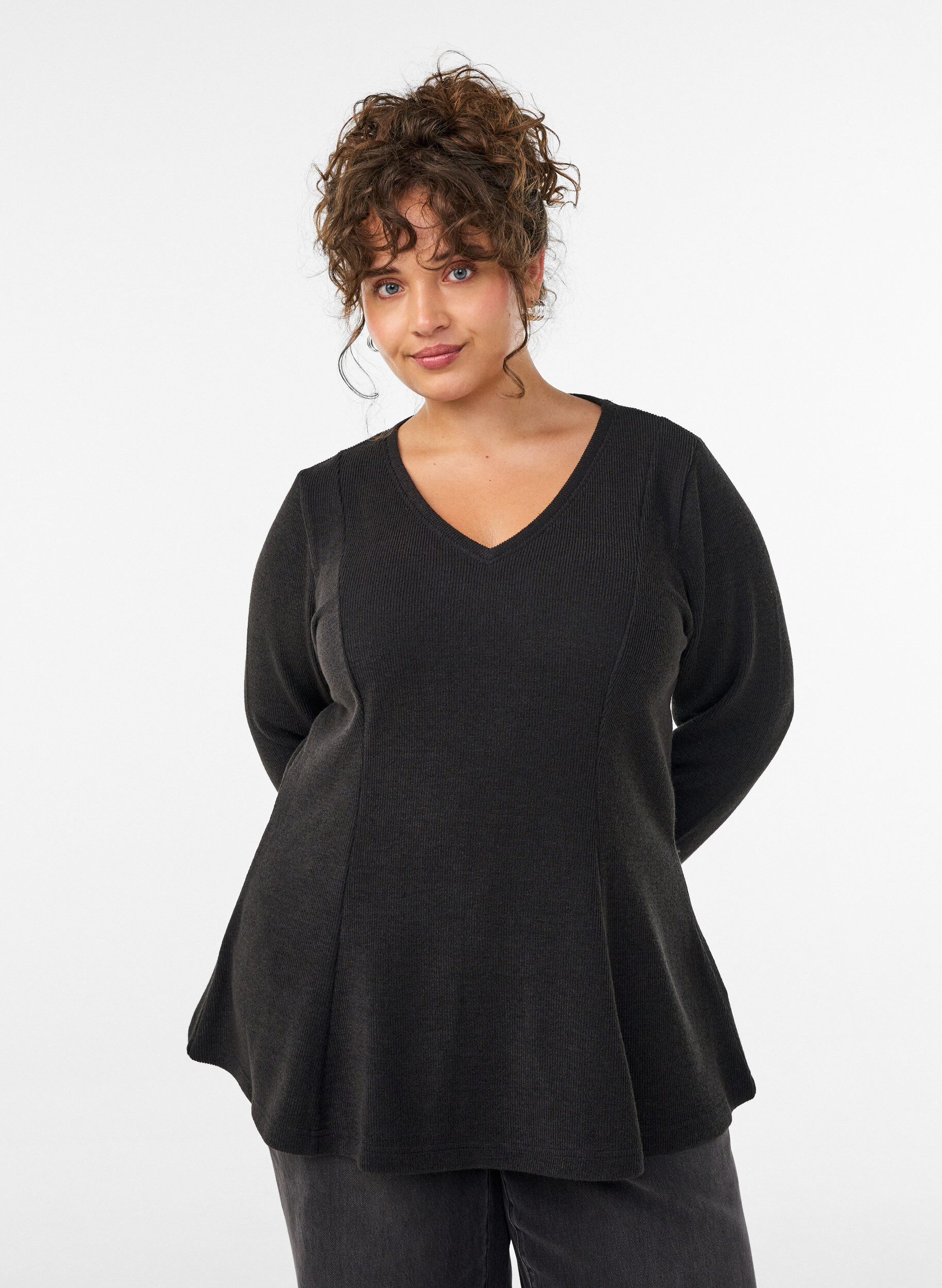 ZizziBlus i jersey med ribbad textur och a-linjeformad passform, Svart, Model image number 0