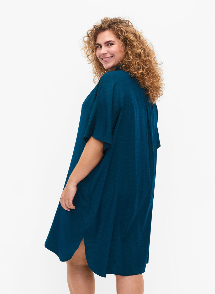 Kortärmad skjortklänning med prickigt mönster, Deep Teal, Model image number 1