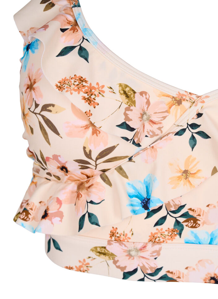 Bikinitopp med blommigt tryck och volangdetaljer, Beige, Packshot image number 2