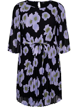 Mönstrad plisserad klänning med knytband, Black w. Floral, Packshot image number 0
