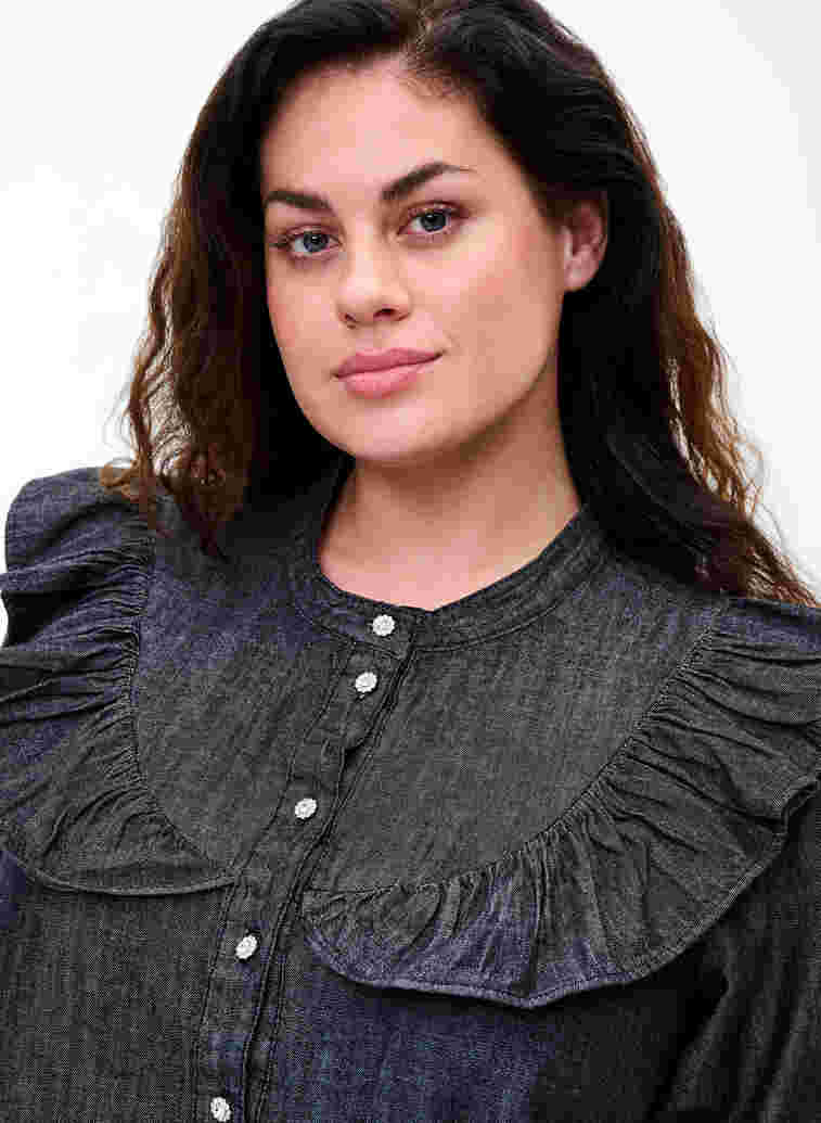 Jeansklänning med dekorativa knappar och volanger, Black Washed, Model image number 1