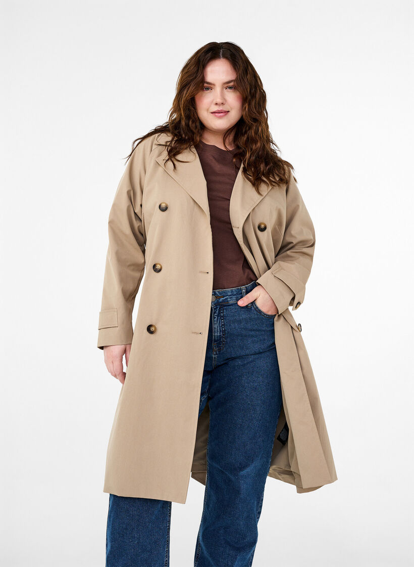 Klassisk lång trenchcoat med bälte, Chinchilla, Model image number 0