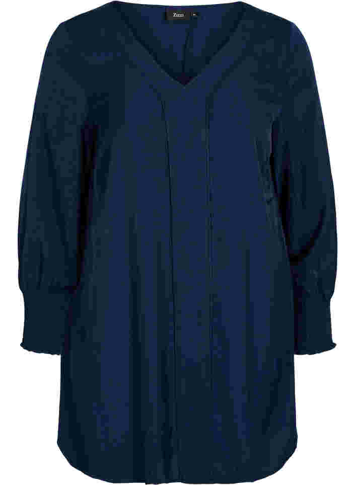 Långärmad tunika med smock, Navy Blazer