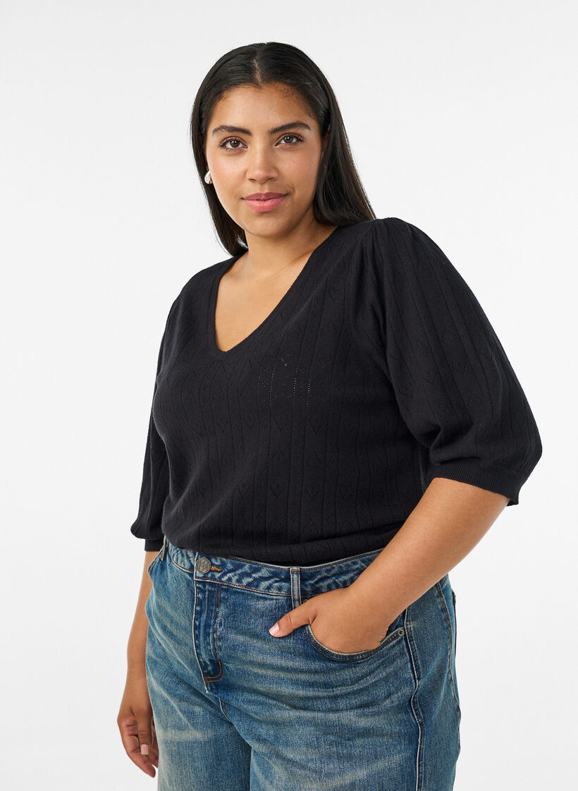 Kort&auml;rmad stickad blus med pointellem&ouml;nster, Svart, Model image number 0