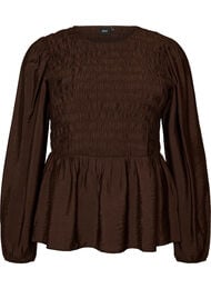 Blus med smock och l&aring;nga &auml;rmar, Brun
