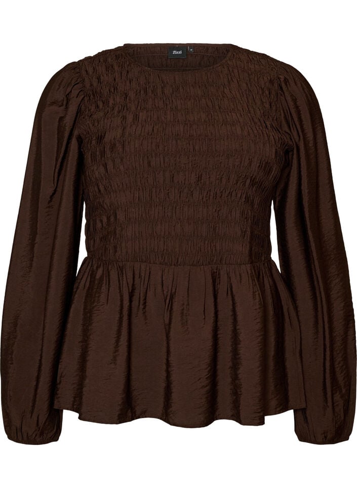 Blus med smock och l&aring;nga &auml;rmar, Brun, Packshot image number 0