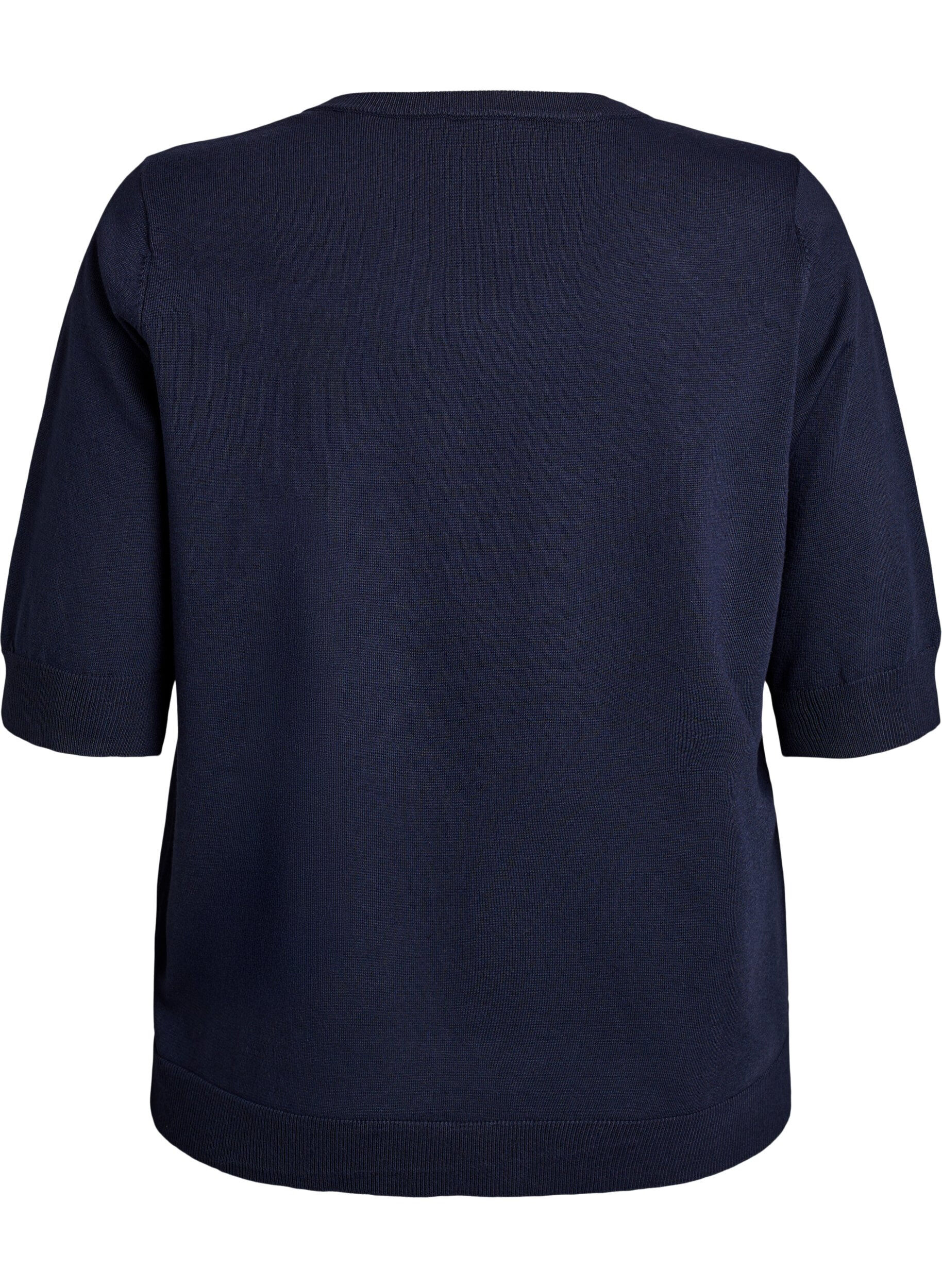 Zizzi Finstickad blus med korta &auml;rmar, Bl&aring;, Packshot image number 1