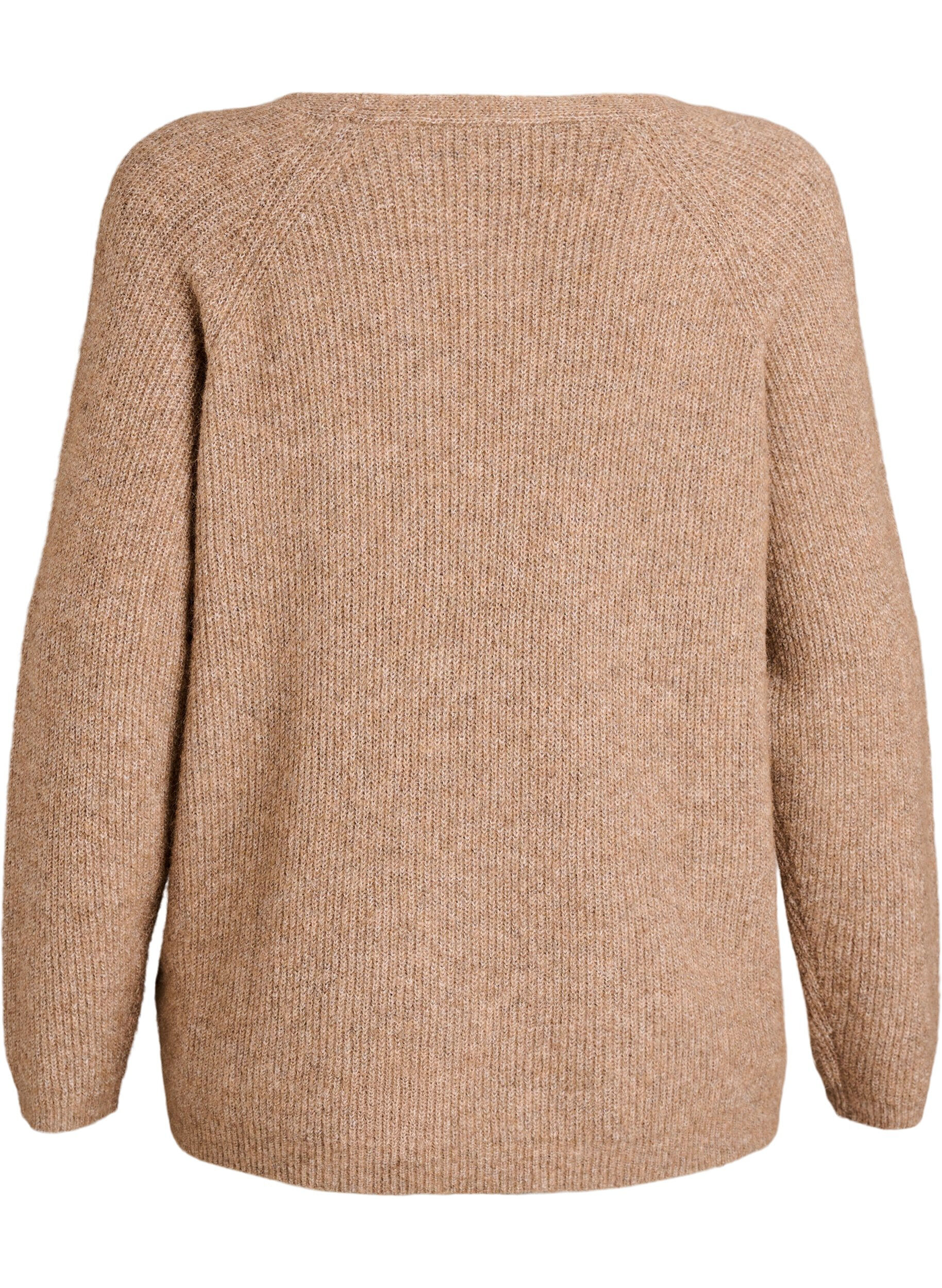 Zizzi Stickad blus med v-ringning och raglan&auml;rm, Brun, Packshot image number 1