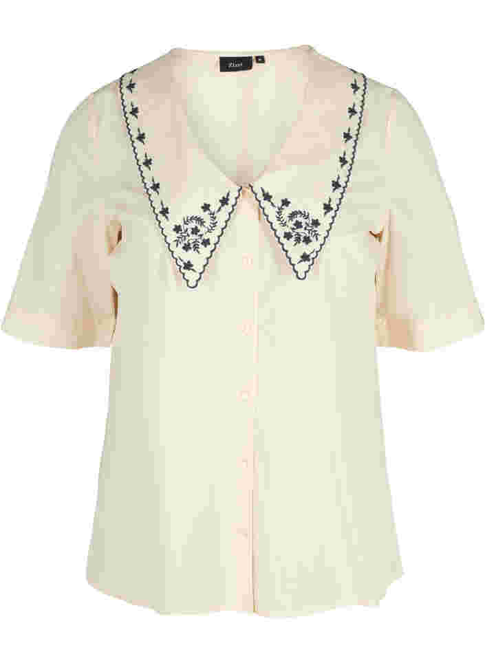 Kortärmad skjorta i bomull med stor krage, MotherOfPearl w.Blue, Packshot image number 0
