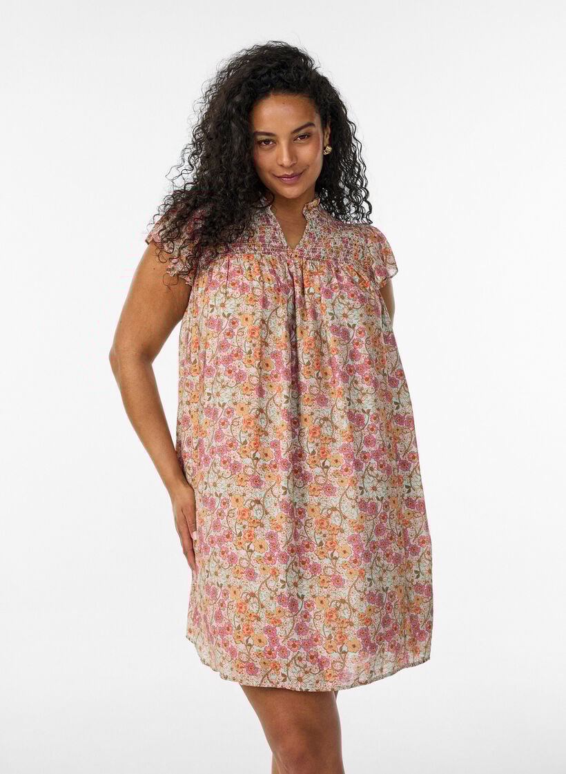 Kort kl&auml;nning i viskos med smock och blommigt m&ouml;nster, Orange, Model image number 0