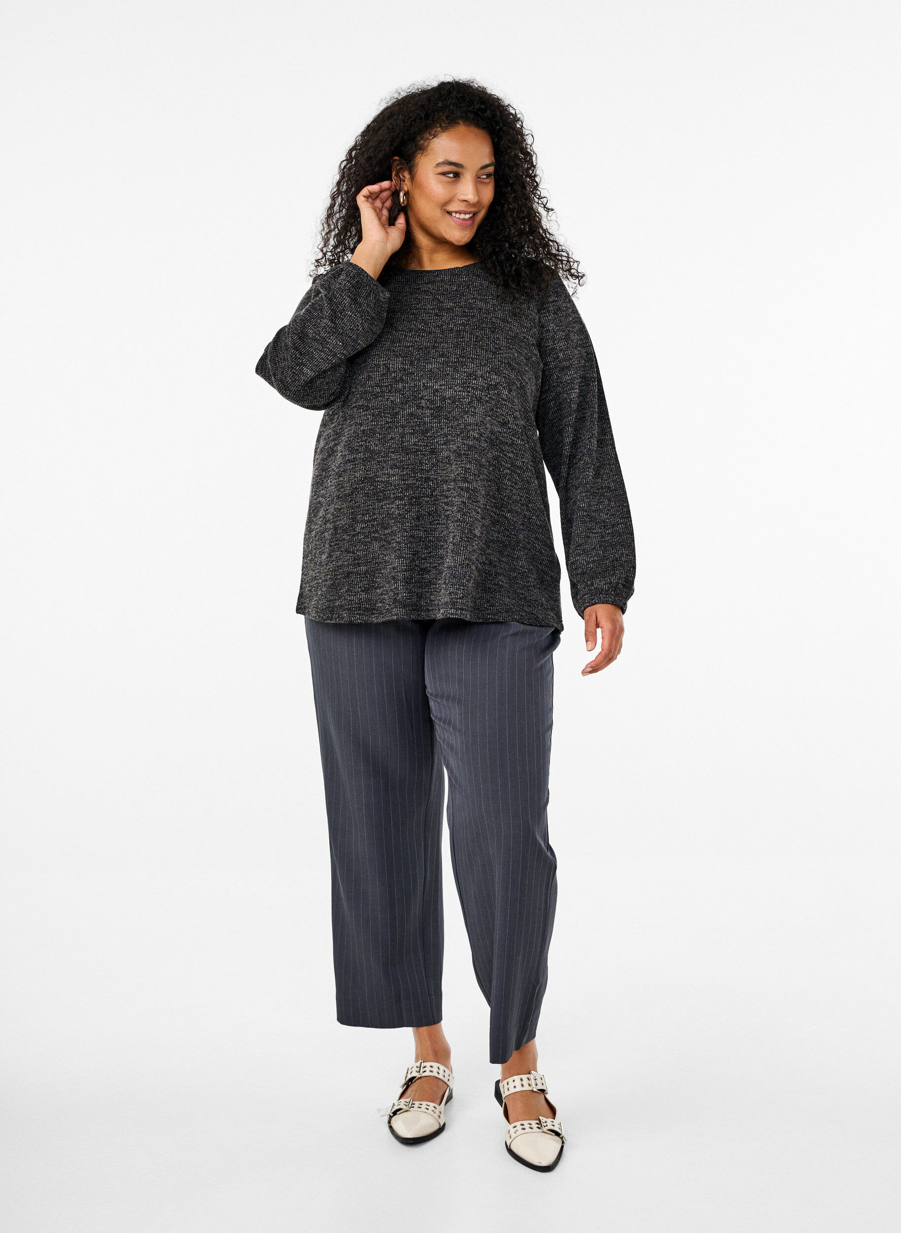 Zizzi FLASH - Jerseyblus med l&aring;nga &auml;rmar, Gr&aring;, Model image number 1