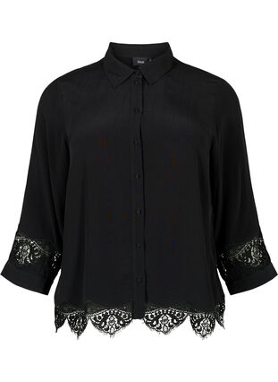 Viskos skjorta med 3/4 ärm och broderade detaljer, Black, Packshot image number 0