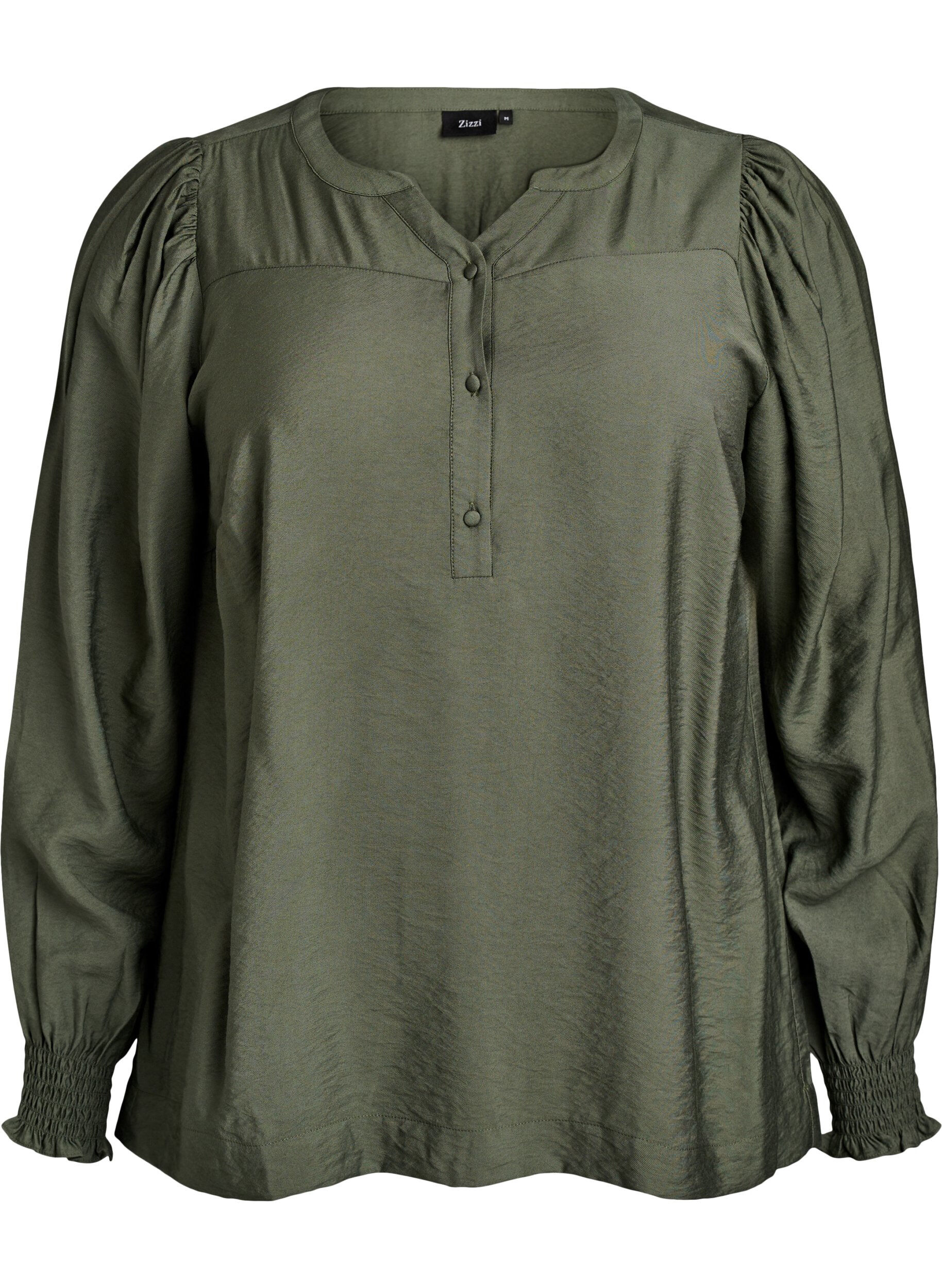 ZizziViskosblus med smock och rynkade detaljer, Gr&ouml;n, Packshot image number 0