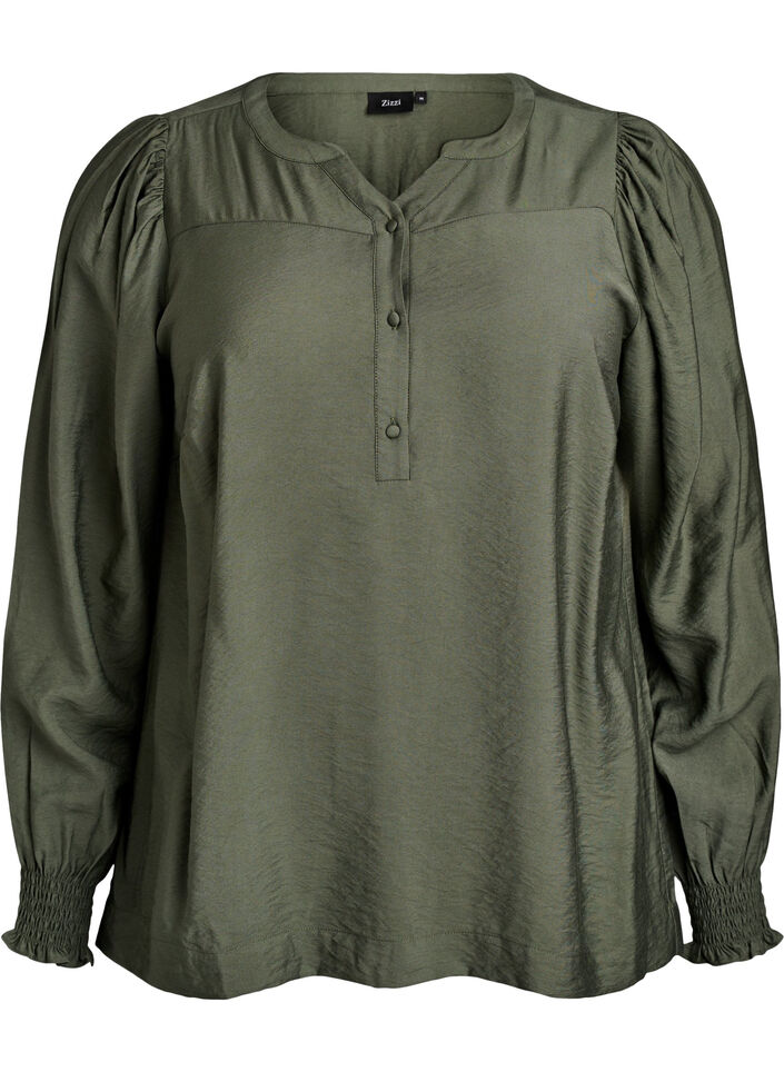 Viskosblus med smock och rynkade detaljer, Gr&ouml;n, Packshot image number 0