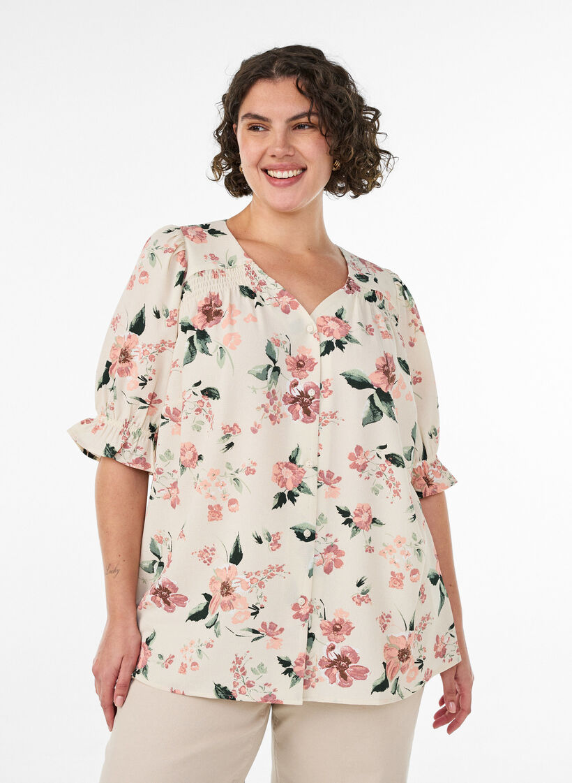 Skjortblus med halvl&aring;nga &auml;rmar, Rosa, Model image number 0