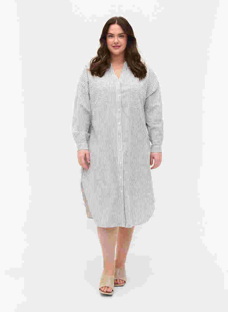 Randig skjortklänning i bomull, White Stripe, Model image number 2