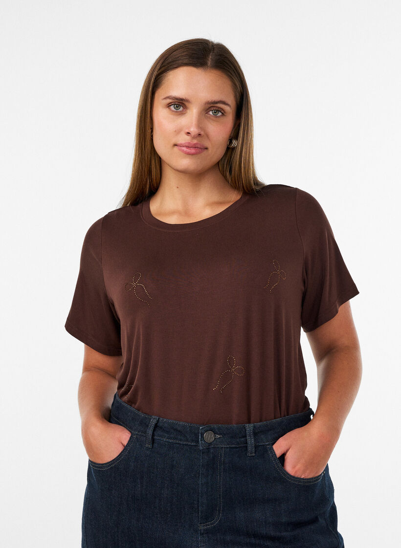 T-shirt i viskos med strass, Brun, Model image number 0