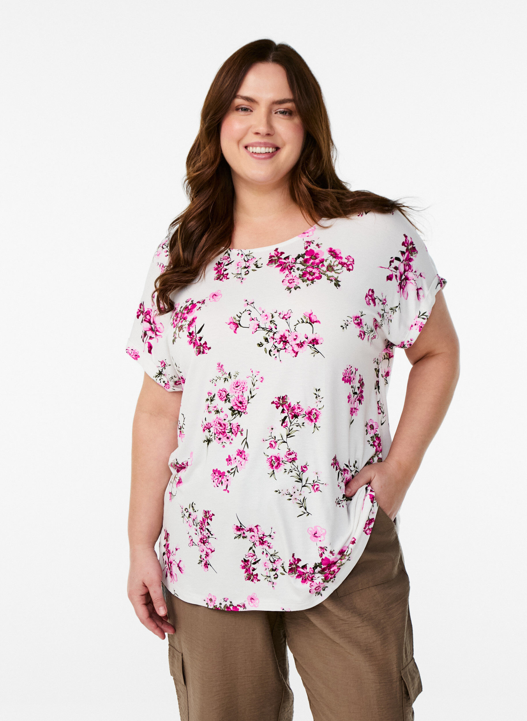 T-shirt med blommigt tryck, Rosa, Model