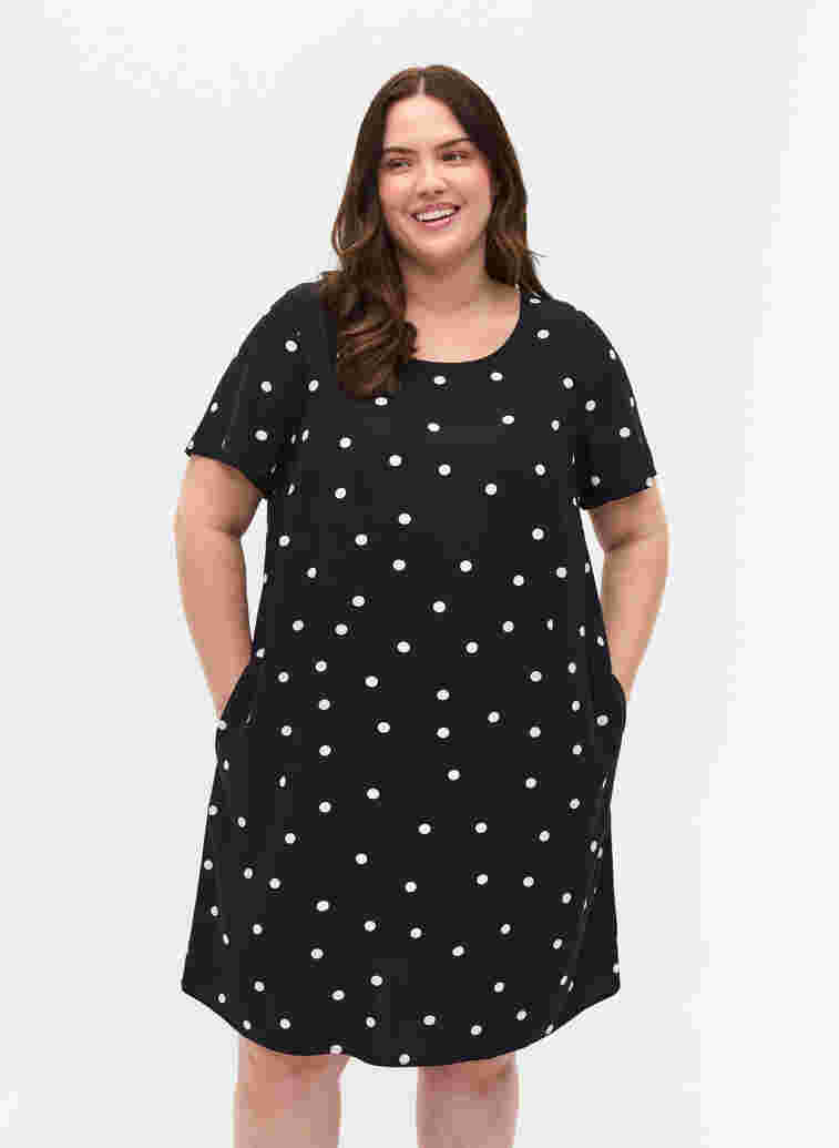Prickig viskosklänning med korta ärmar, Black Dot, Model image number 0