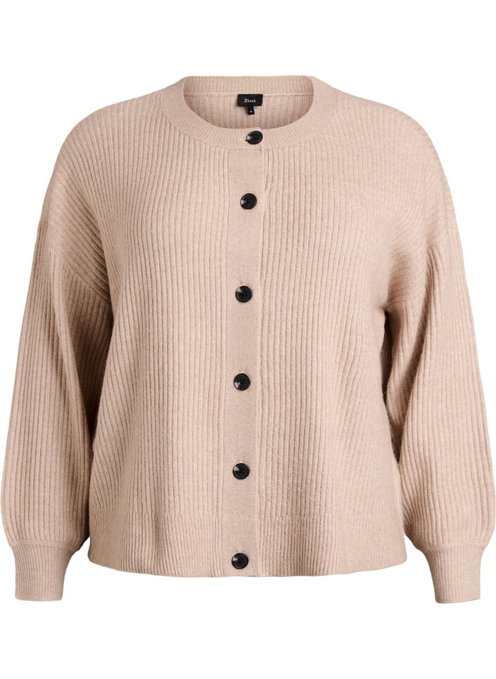 Ribbstickad kofta med knappar, Beige, Packshot image number 0