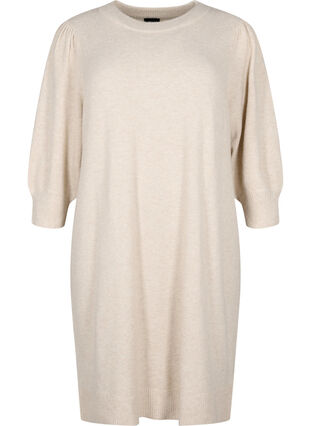 Stickad klänning med trekvarts puffärmar, Pumice S./White Mel., Packshot image number 0