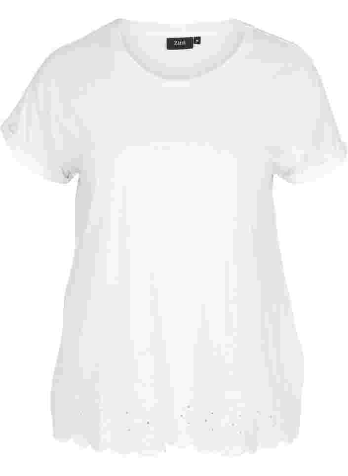 Kortärmad t-shirt med broderi anglaise, Off White Mel, Packshot image number 0