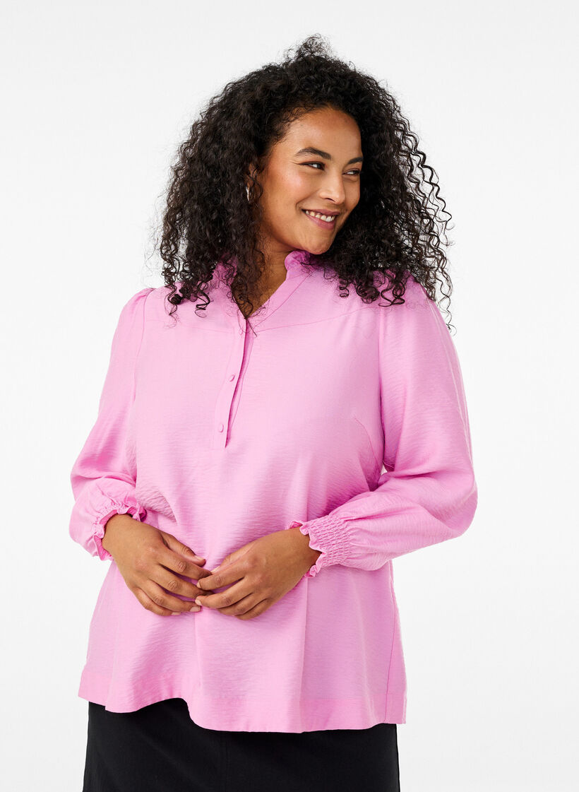 Blus med volangkrage, Rosa, Model image number 0