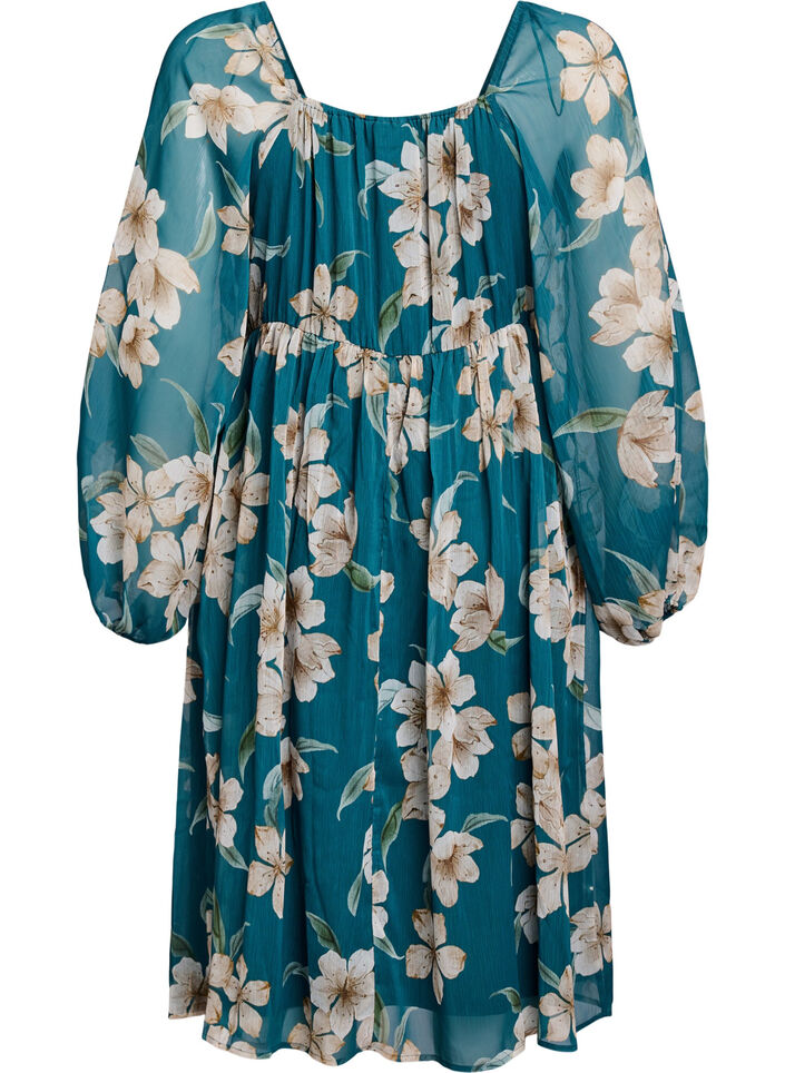 Festklänning i chiffong med långa ärmar, Green Flower AOP, Packshot image number 1