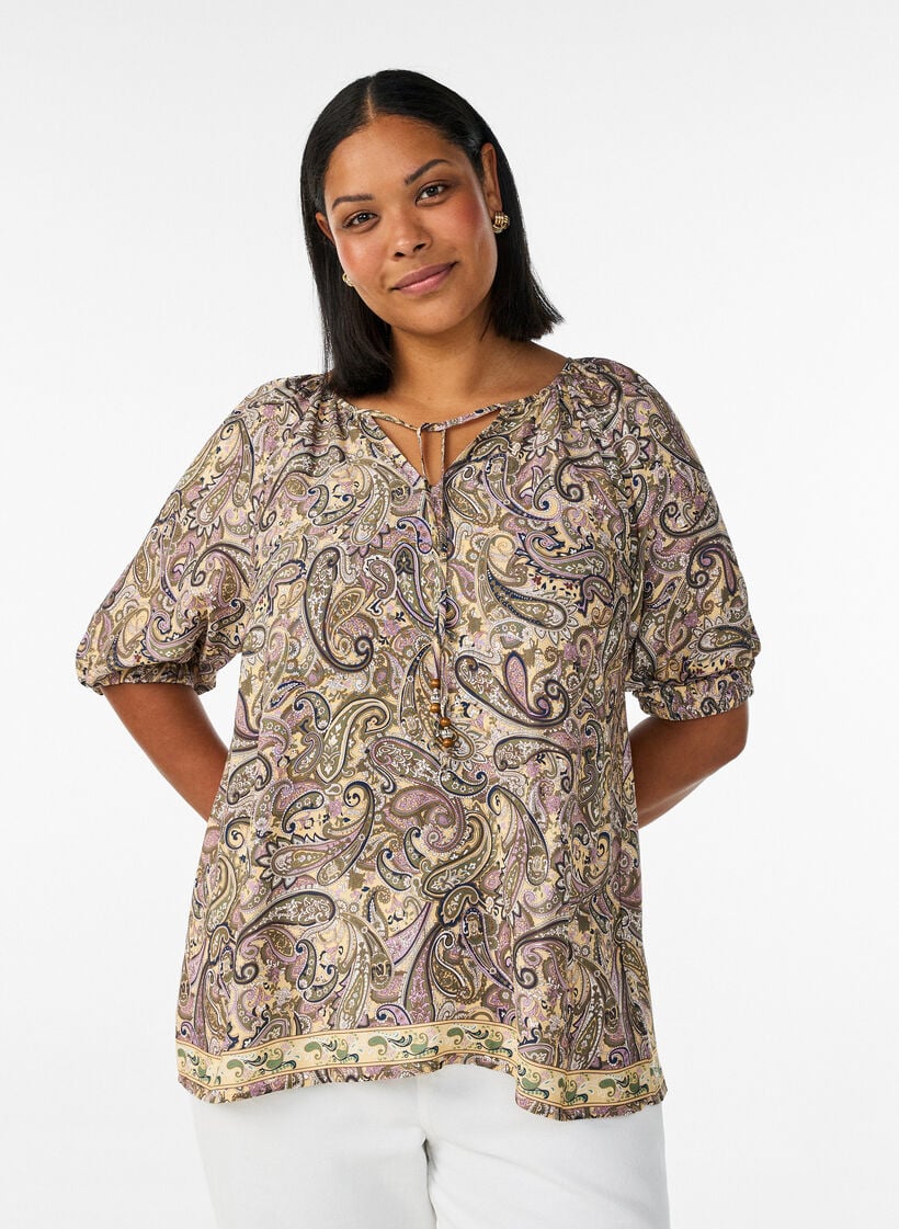 Blus i viskos med paisleym&ouml;nster och knytband, Gul, Model image number 0