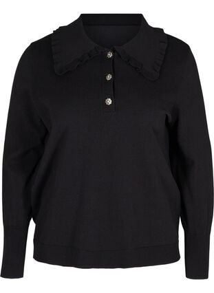 Stickad tröja i viskosblandning med bred volangkrage, Black, Packshot image number 0