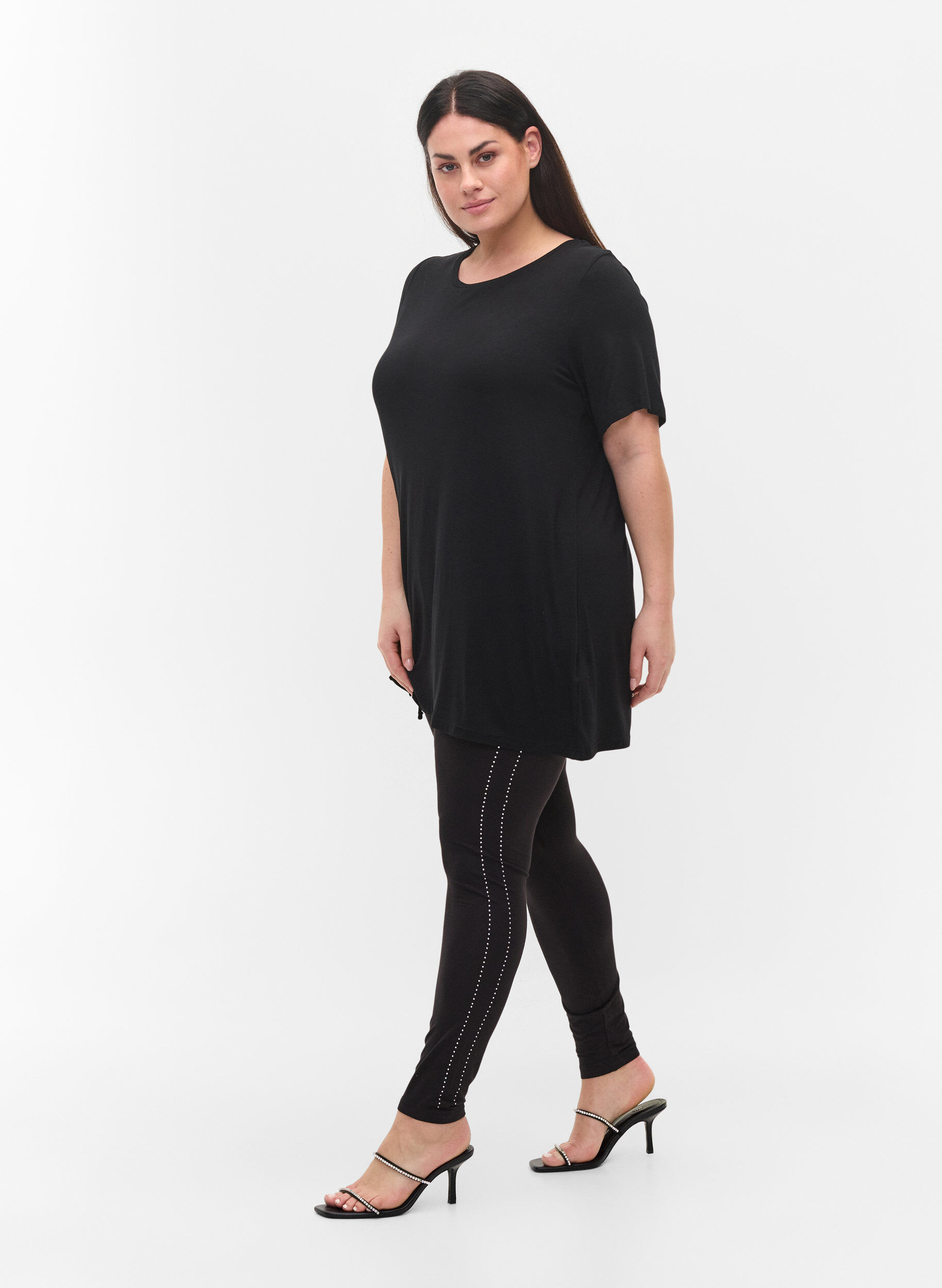 Zizzi Leggings i viskos med strass, Black, Model image number 0