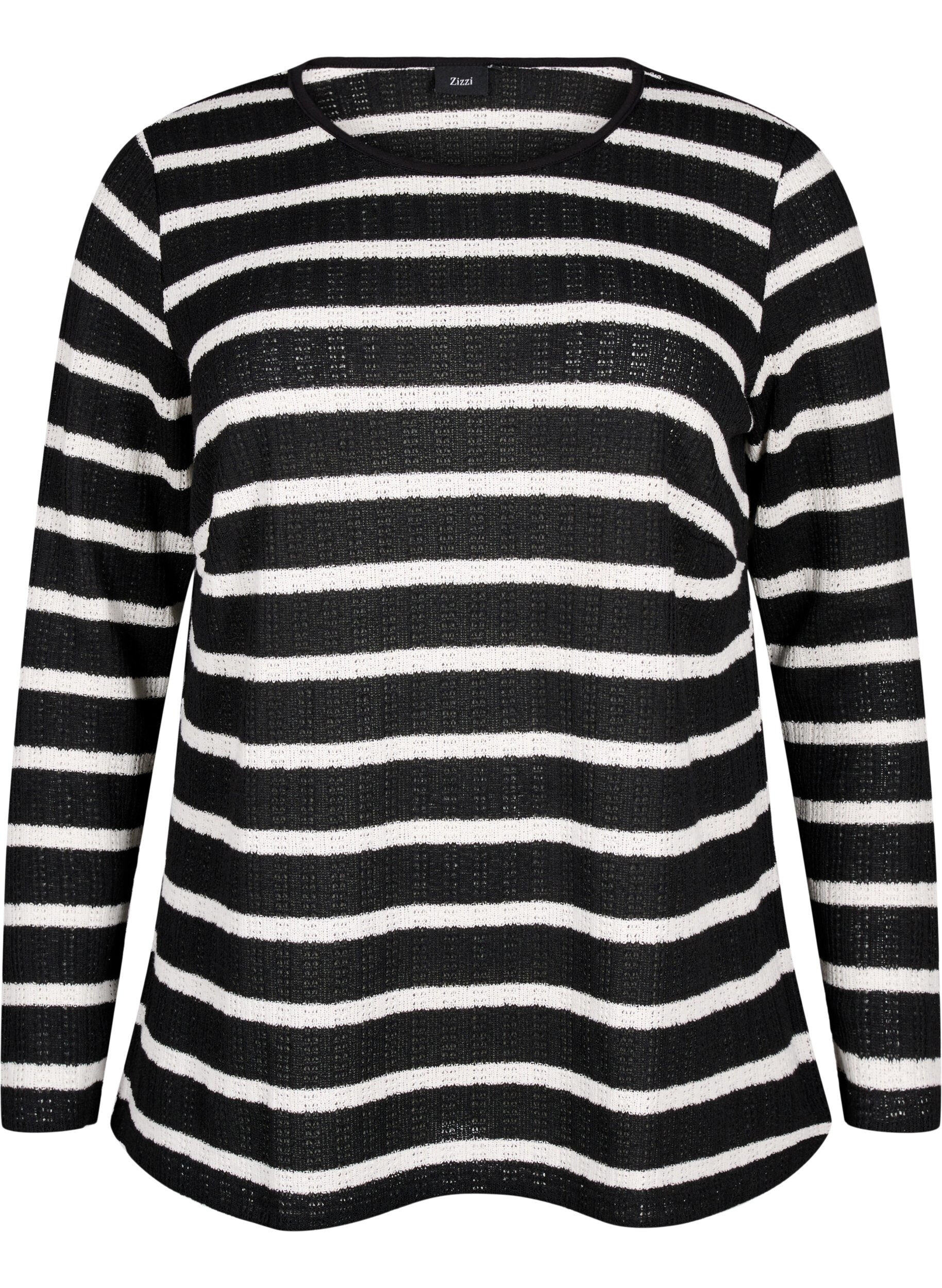 Zizzi Blus med r&auml;nder och l&aring;ng &auml;rm, Black Sand Stripe, Packshot image number 0