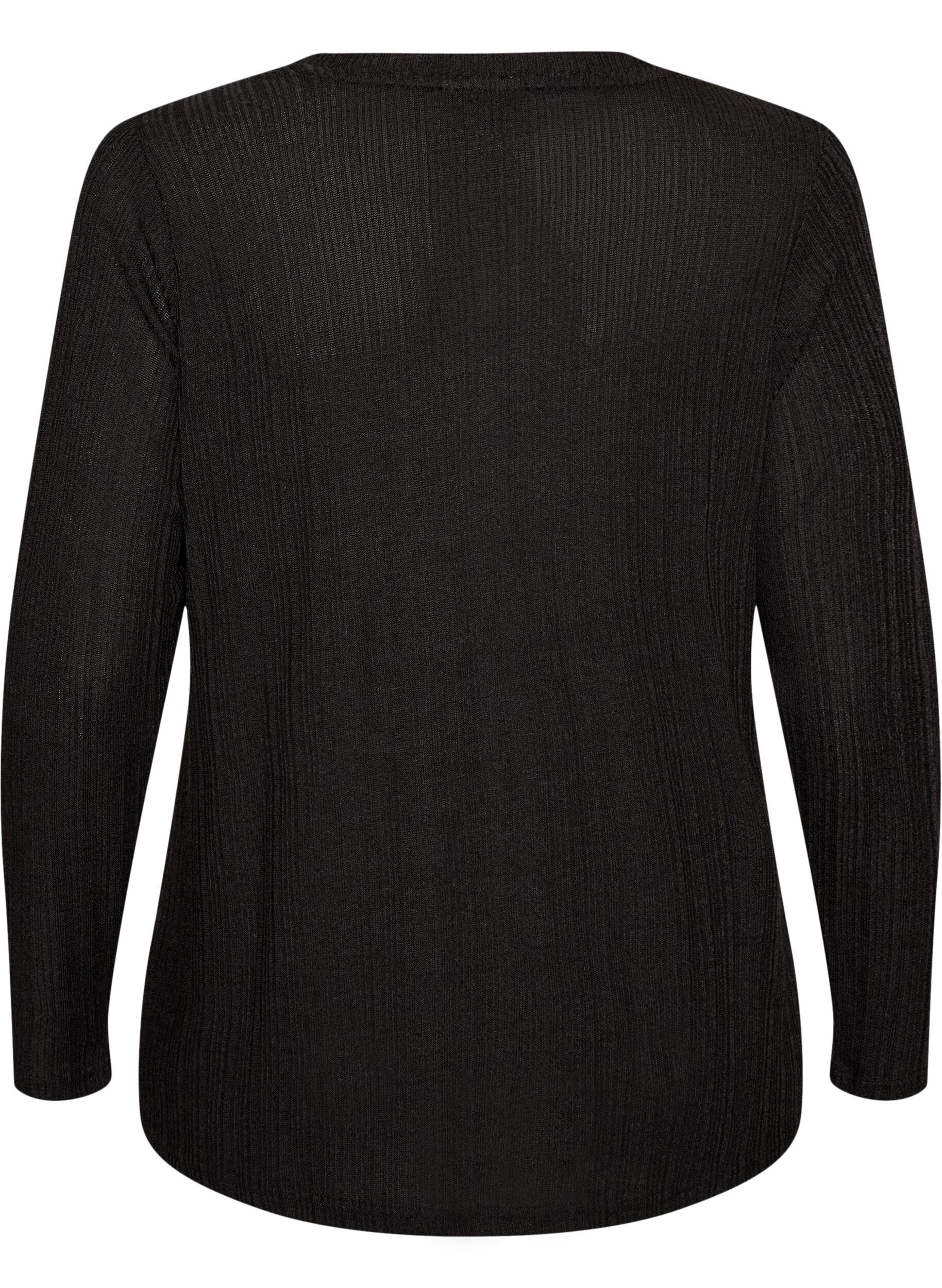 ZizziJerseyblus med ribbstruktur och l&aring;nga &auml;rmar, Svart, Packshot image number 1