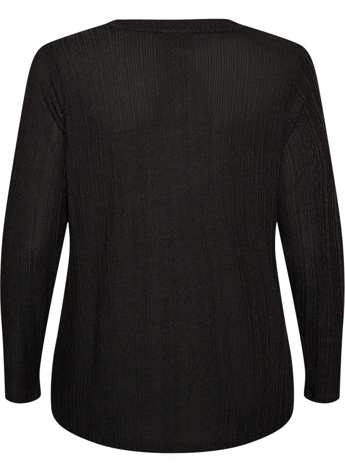 Jerseyblus med ribbstruktur och l&aring;nga &auml;rmar, Svart, Packshot image number 1