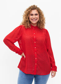 Skjortblus med volanger och mönstrad textur, Tango Red, Model
