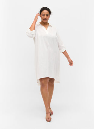 Randig klänning i bomull och linne, White, Model image number 2