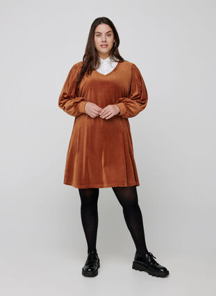 Klänning i velour med långa puffärmar, Brown ASS, Model image number 2