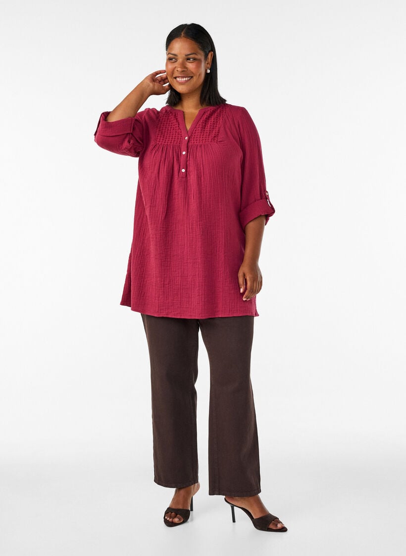 Tunika i bomullsmuslin med broderie anglaise, R&ouml;d, Model image number 1