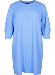 Stickad klänning med trekvarts puffärmar, Blue B. /White Mel.
