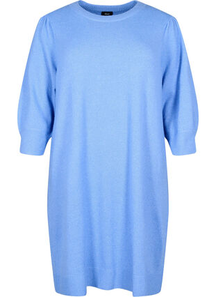 Stickad klänning med trekvarts puffärmar, Blue B. /White Mel., Packshot image number 0