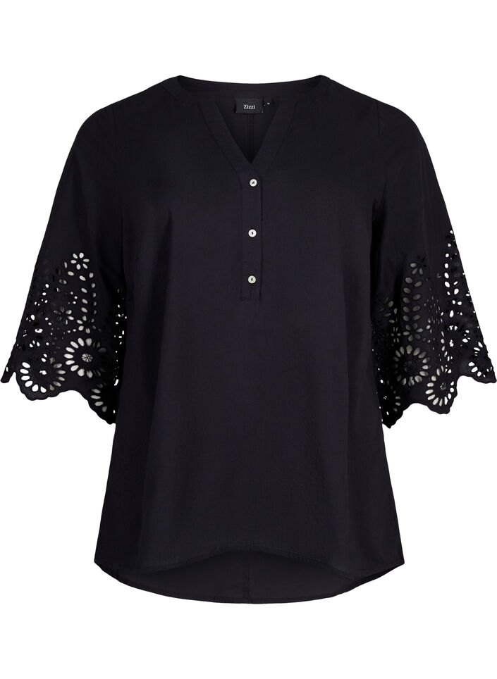 Skjortblus med broderie anglaise och 3/4-&auml;rmar, Black, Packshot image number 0