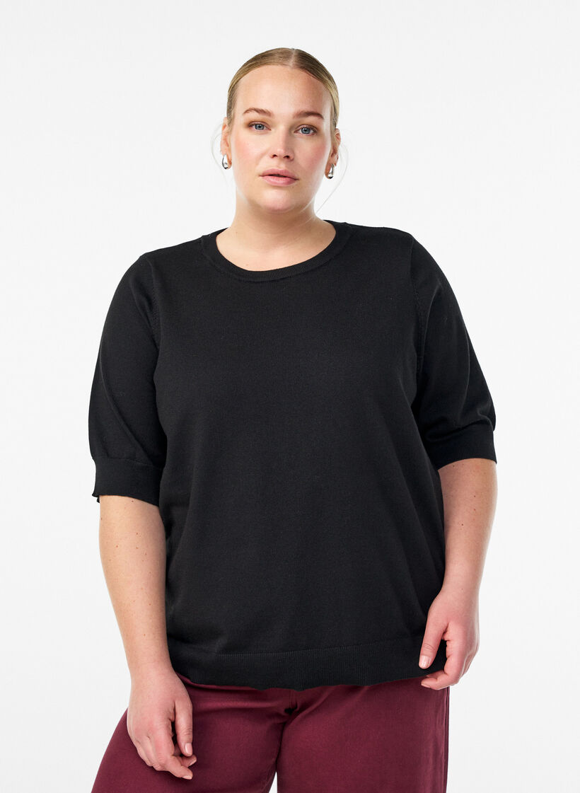 Finstickad blus med korta &auml;rmar, Svart, Model image number 0