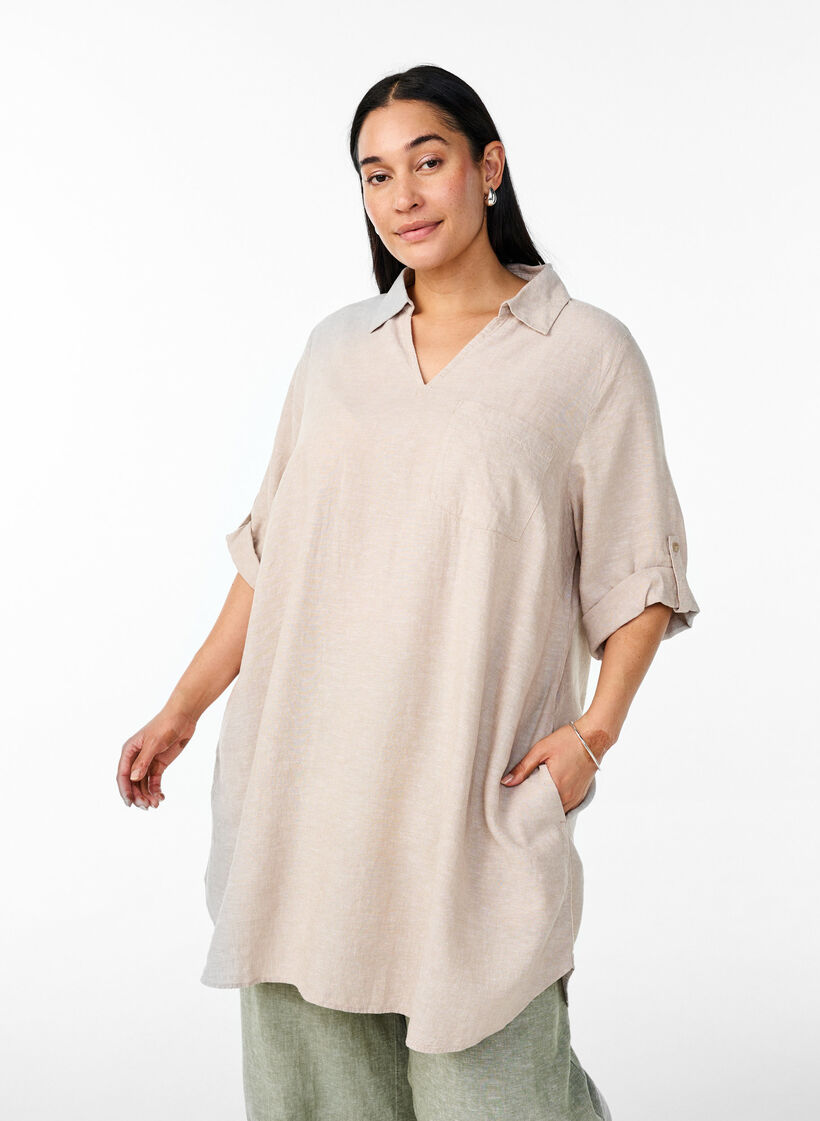 Tunika i linne och viskos med A-linjeform, Beige, Model image number 0