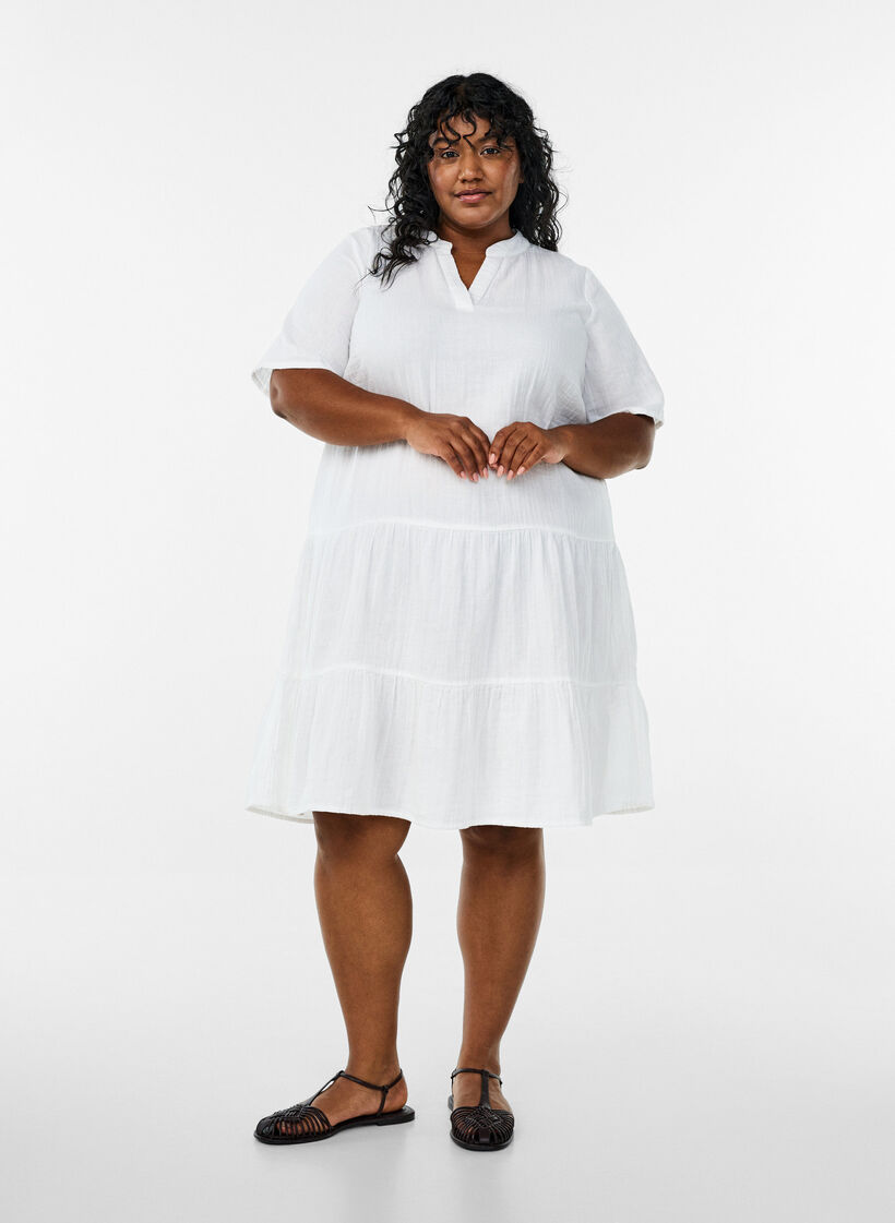 Kort a-linjeformad kl&auml;nning i bomullsmuslin, Vit, Model image number 1